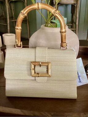Tommy Bahama Cream Woven Satchel with Bamboo Handle